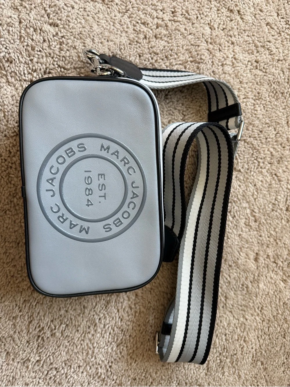 Marc Jacobs Light Gray Logo Round-Stamp Crossbody Bag with Striped Strap